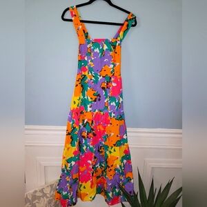 100% Cotton Colorful Floral Splash Criss-cross Strapping Dress Boho Contemporary